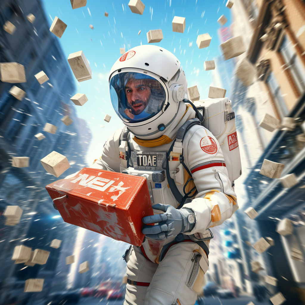 Astronaut Delivery Man with Pinwheel Helmet and Flying Letters