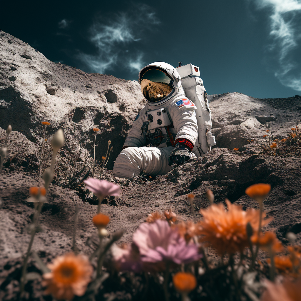 Astronaut resting on moon crater with flower