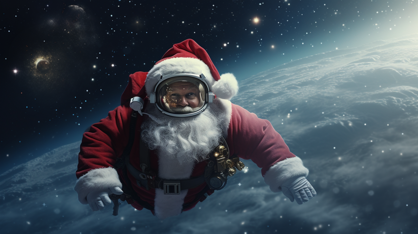 Astronaut with Santa Hat Floating in Space