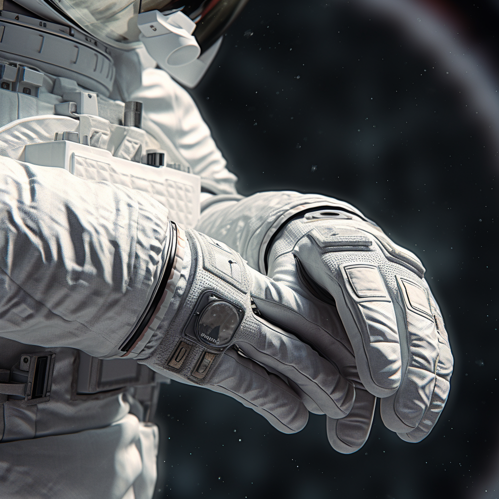 Astronaut wearing gloves in low hand position