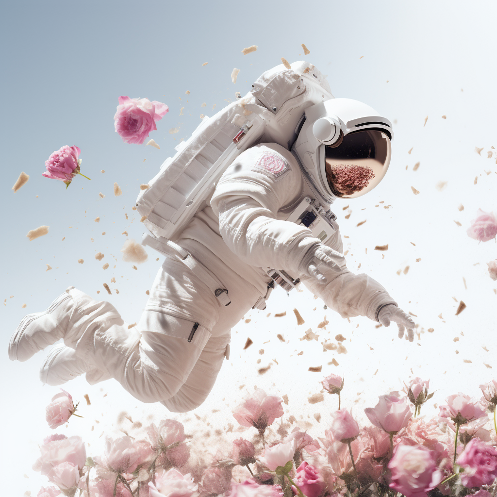 Astronaut woman in white and pink costume flying towards a flower