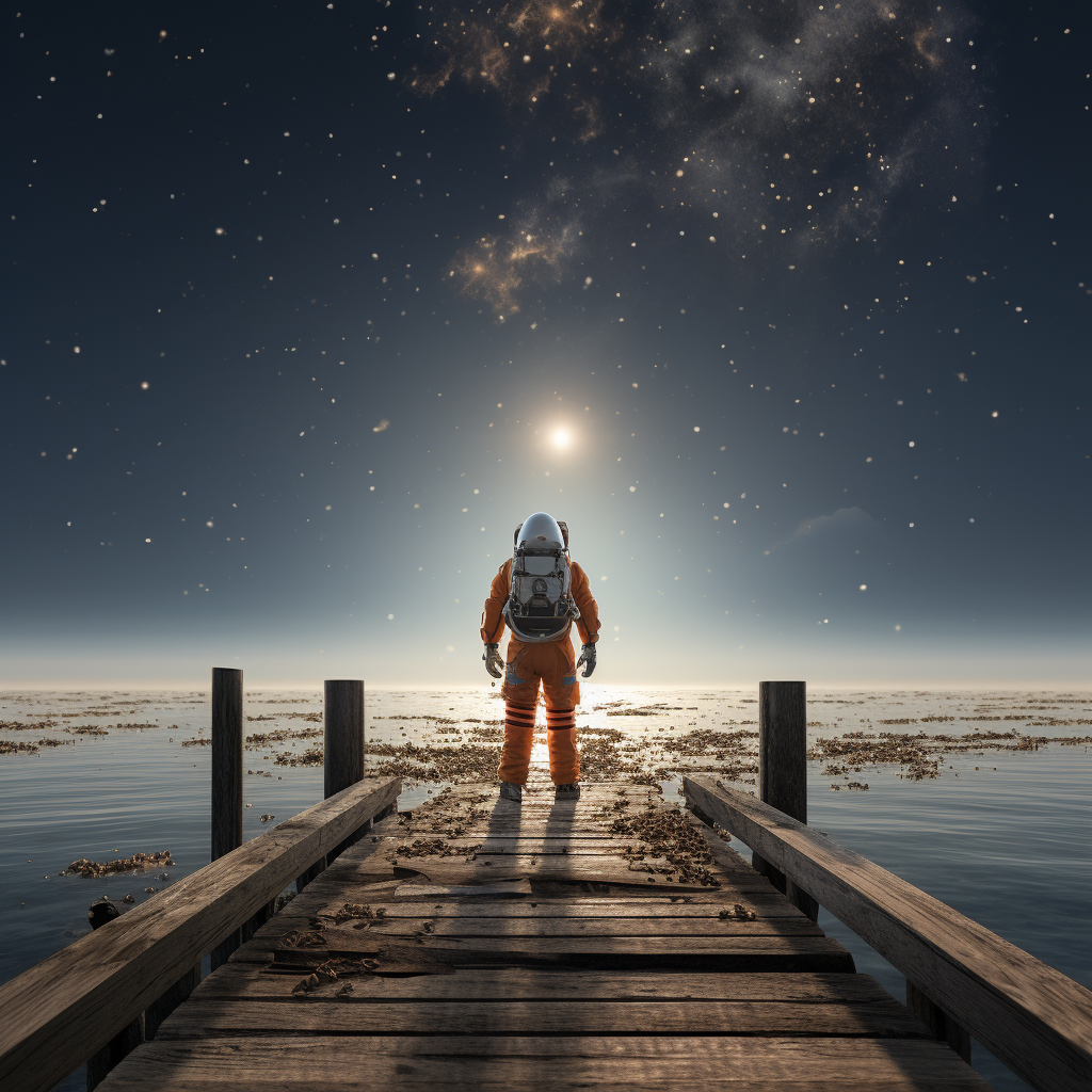 Astronaut on wooden pier watching meteor crash in ocean