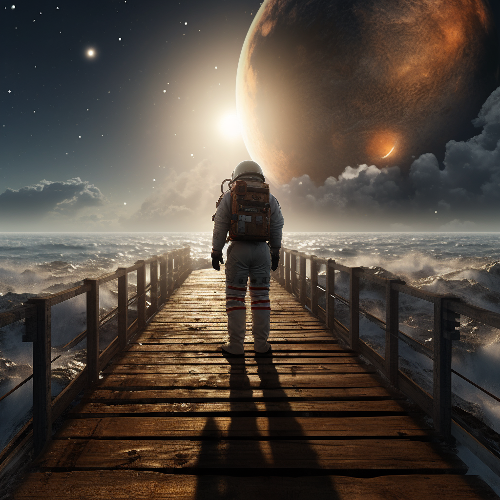 Astronaut on Wooden Pier Looking at Meteor in Ocean