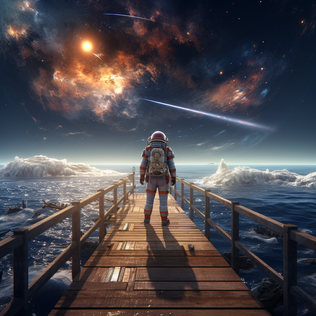 Astronaut on wooden pier overlooking ocean with meteor