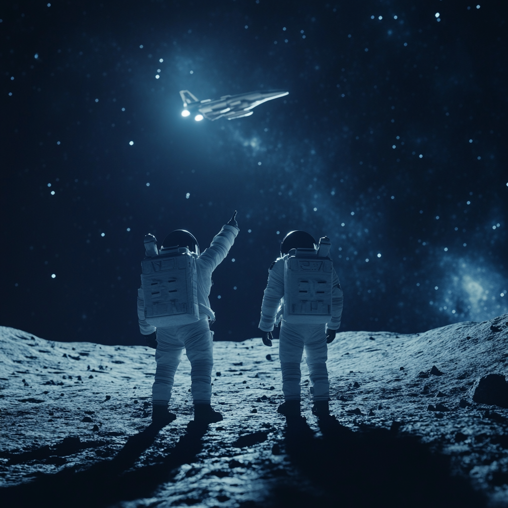 astronauts pointing spaceship moon