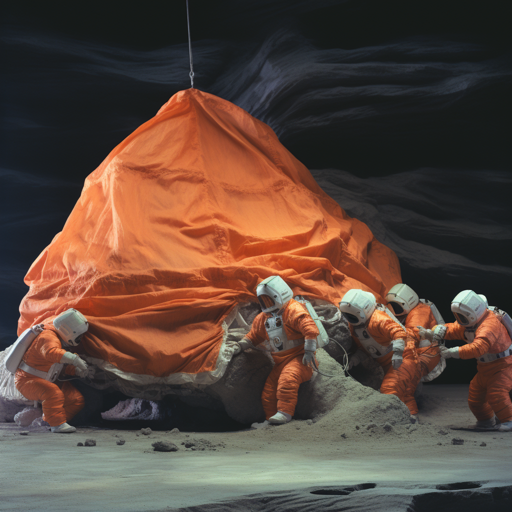 Astronauts and spacecraft covered in cloth