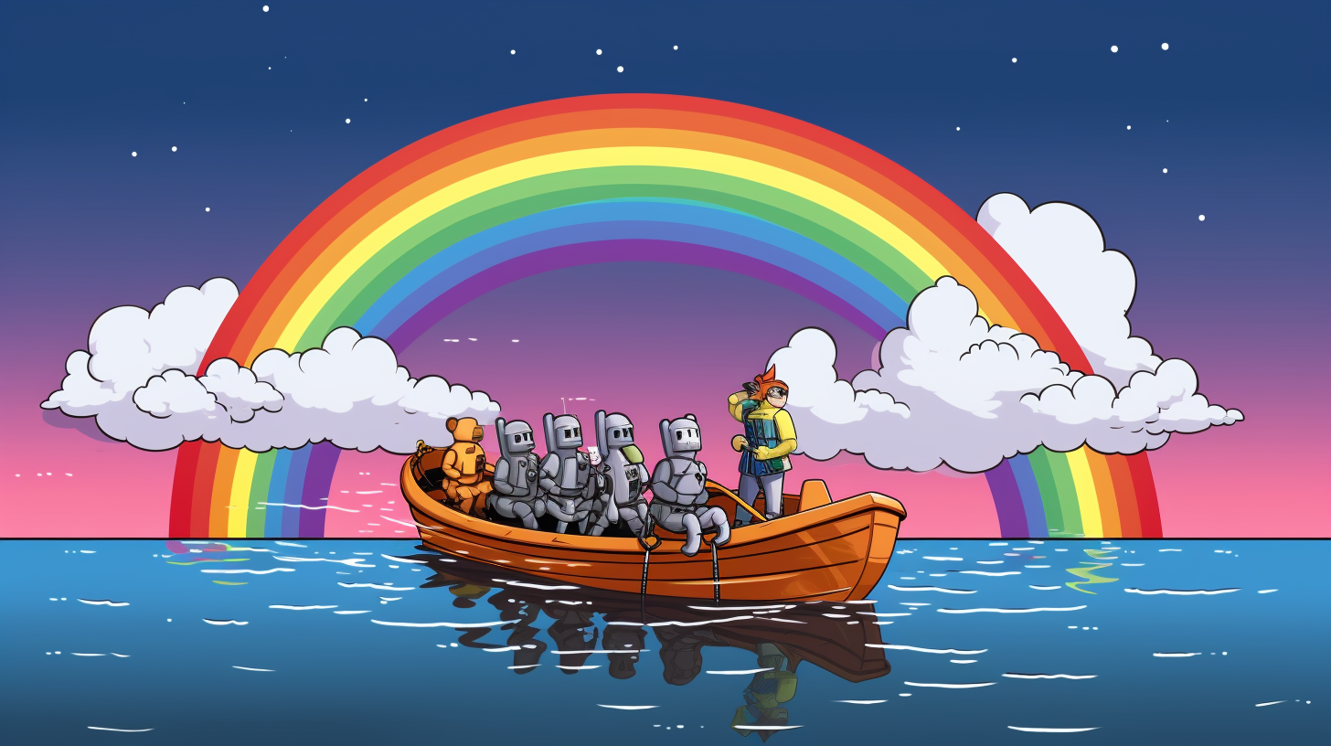 Astronauts taking photo of rainbow in wooden boat