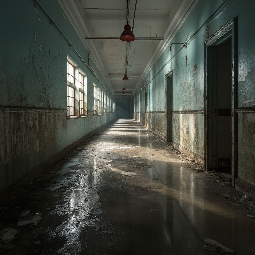 Abandoned asylum hallway with eerie atmosphere