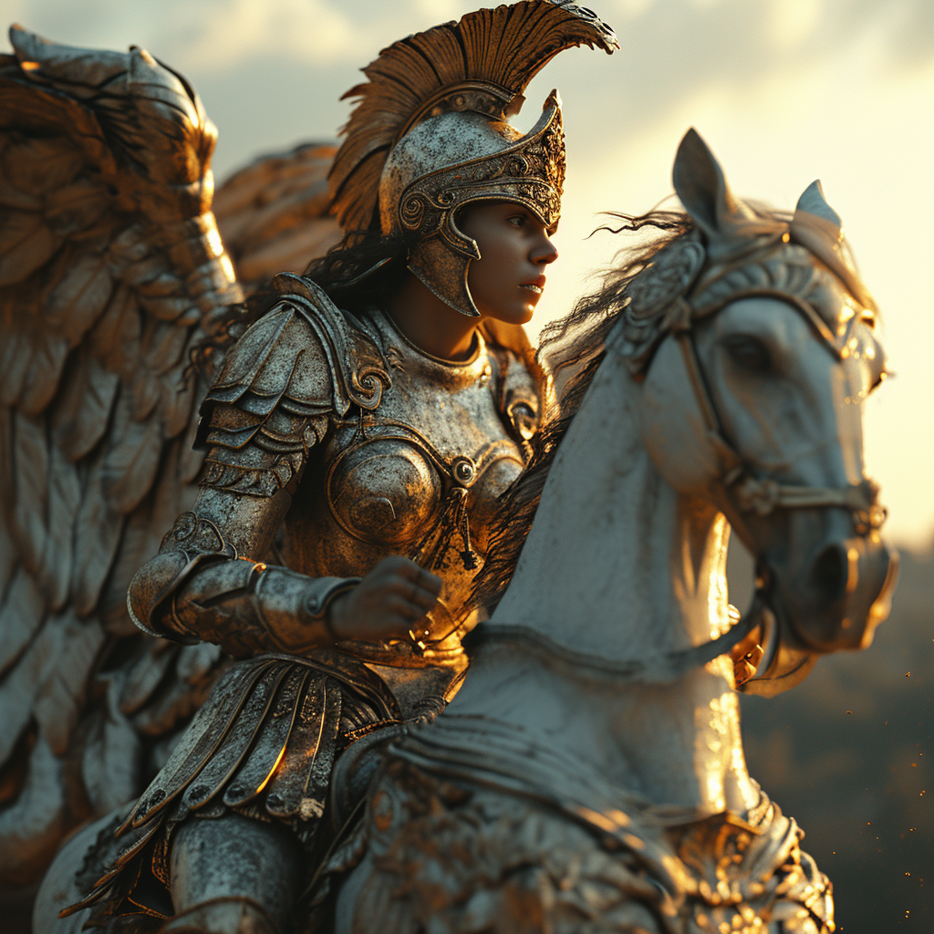 Athena on Pegasus charging towards the sun