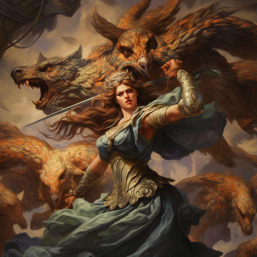 Athena fights fierce monster fearlessly.