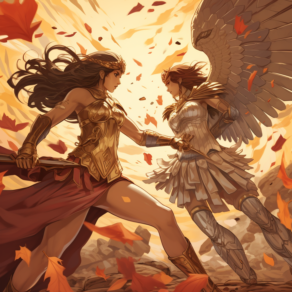 Athena slaying Ares in anime style