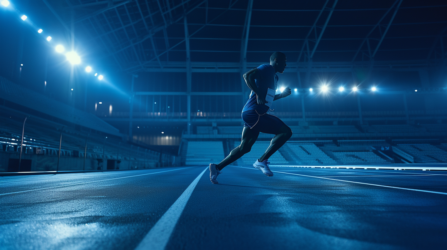 Athlete running on track at night stadium