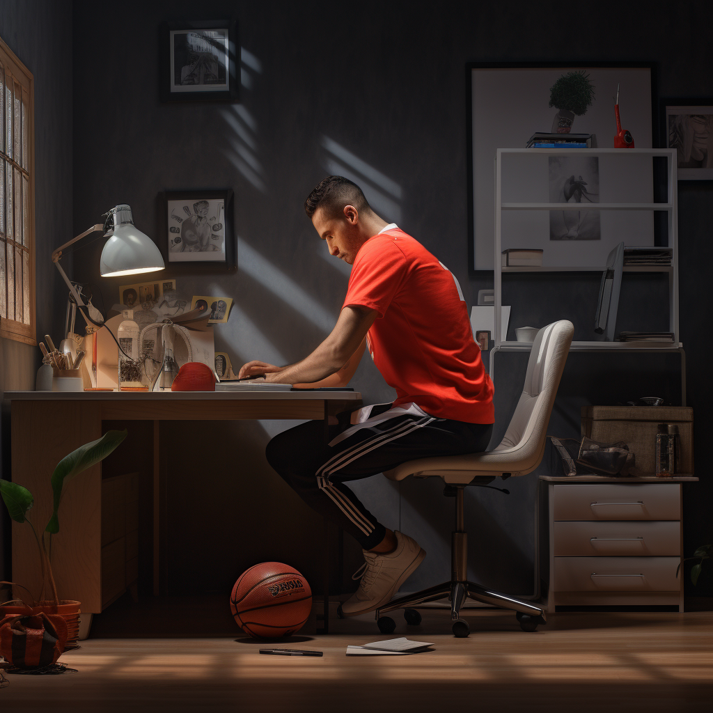 Athlete sitting at desk, focused and determined