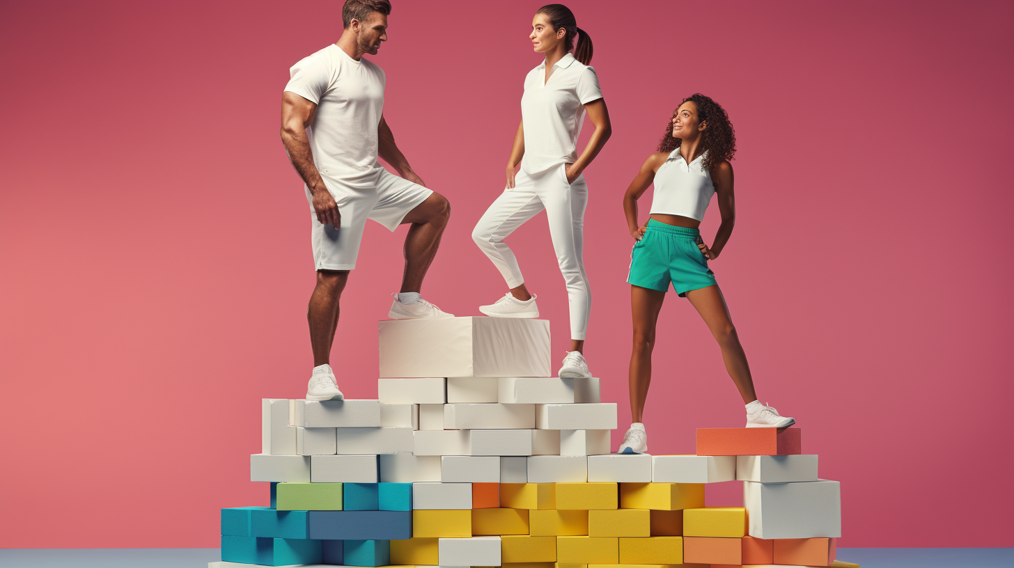 Three athletes on stacked white boxes