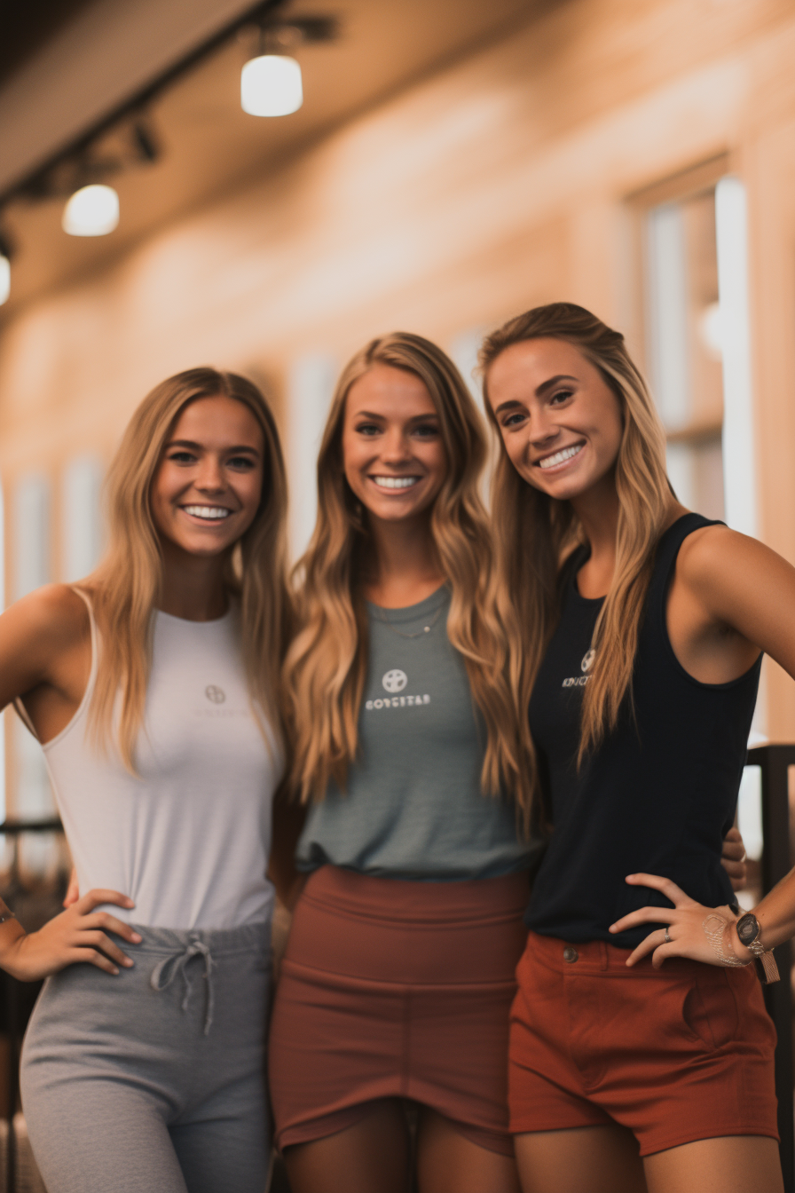 Three young athletic girls in Lululemon outfits posing