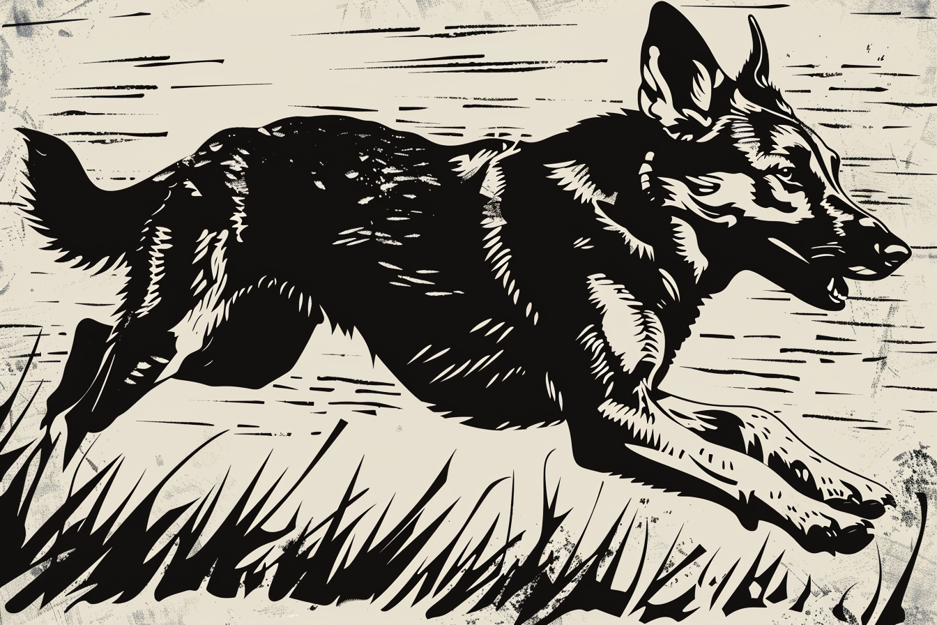 German Shepherd Dog Running Woodcut Style