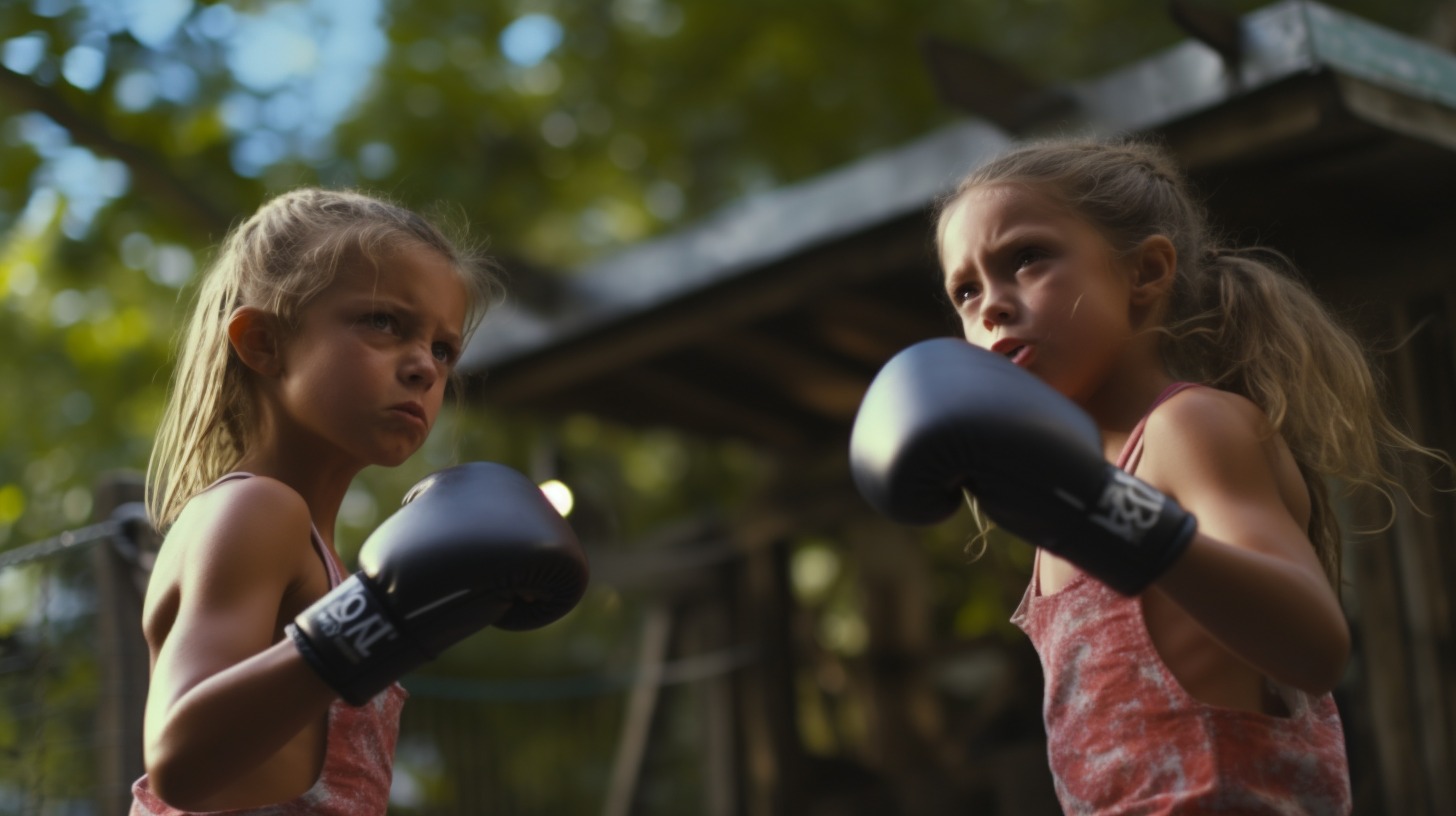 Athletic twin sisters kickboxing in backyard