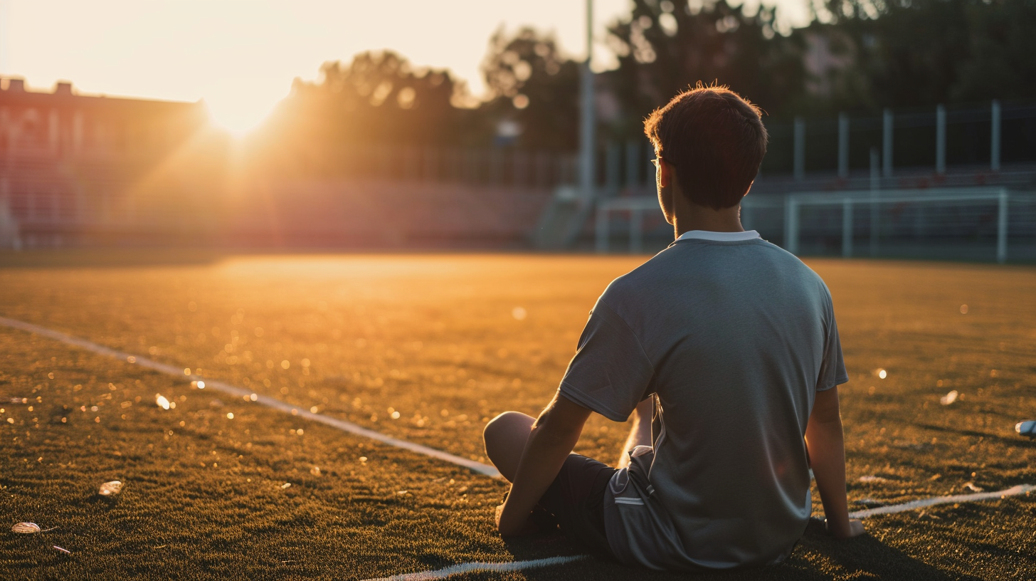 Athletic man sitting in shadows at stadium