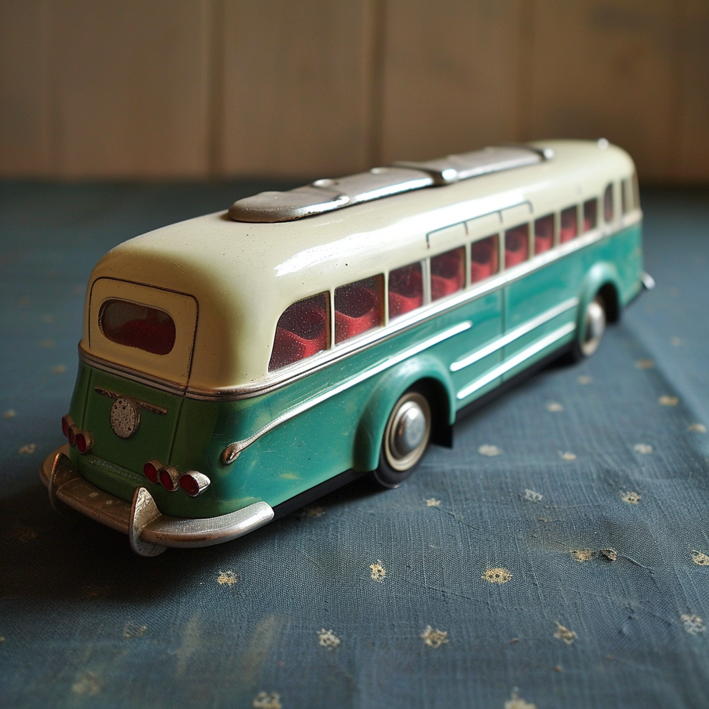 Colorful atomic age toy passenger bus profile