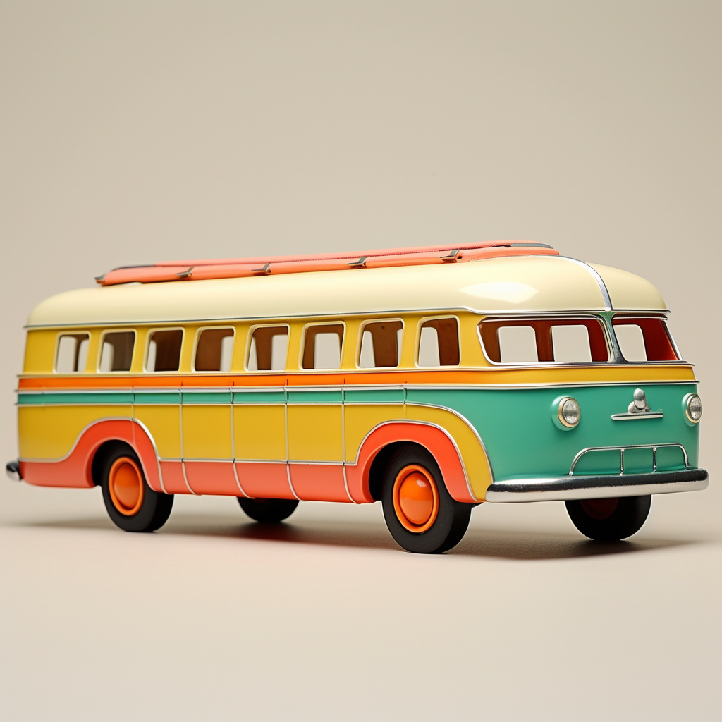 Vibrant atomic age toy passenger bus in profile