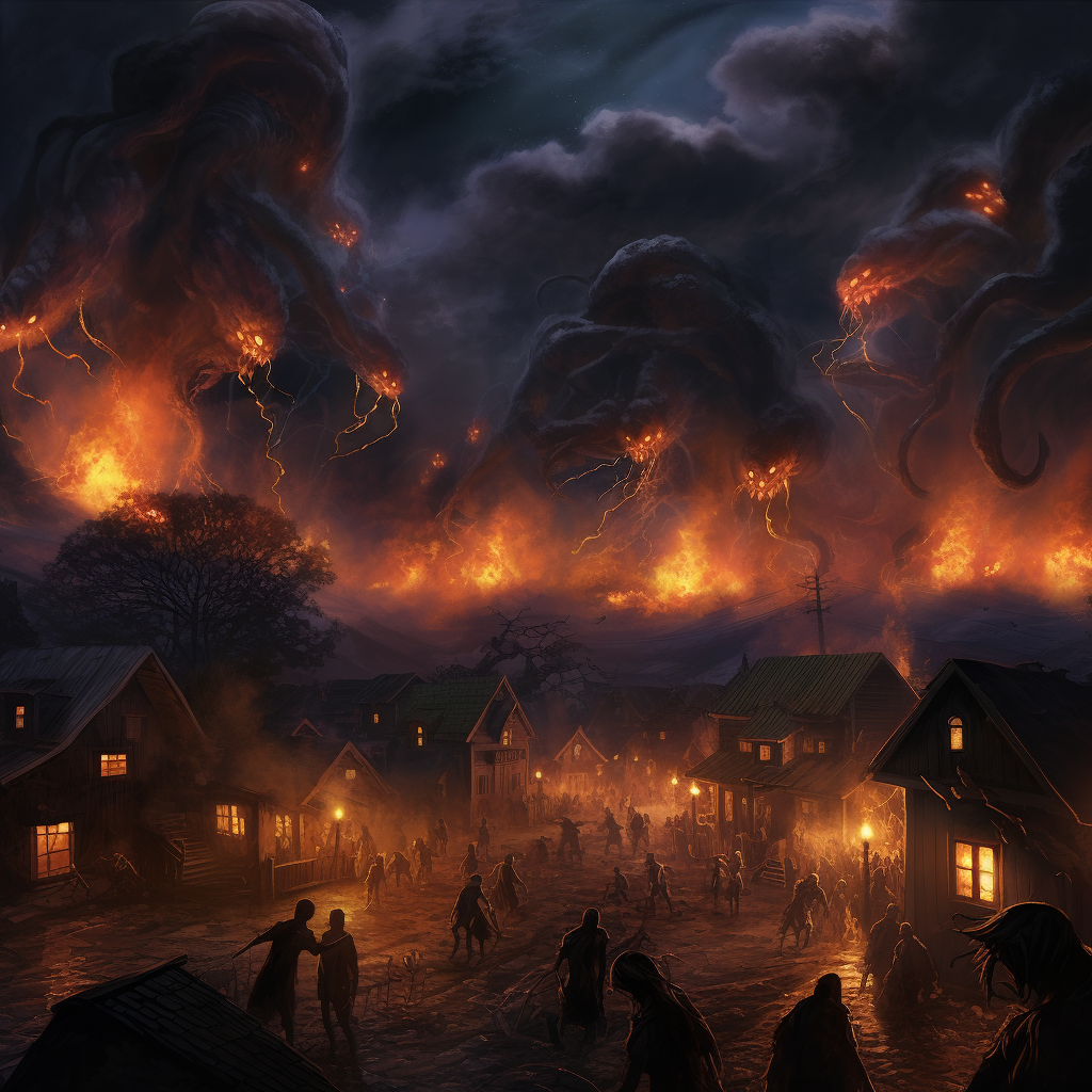 Eldritch monsters destroy village at night