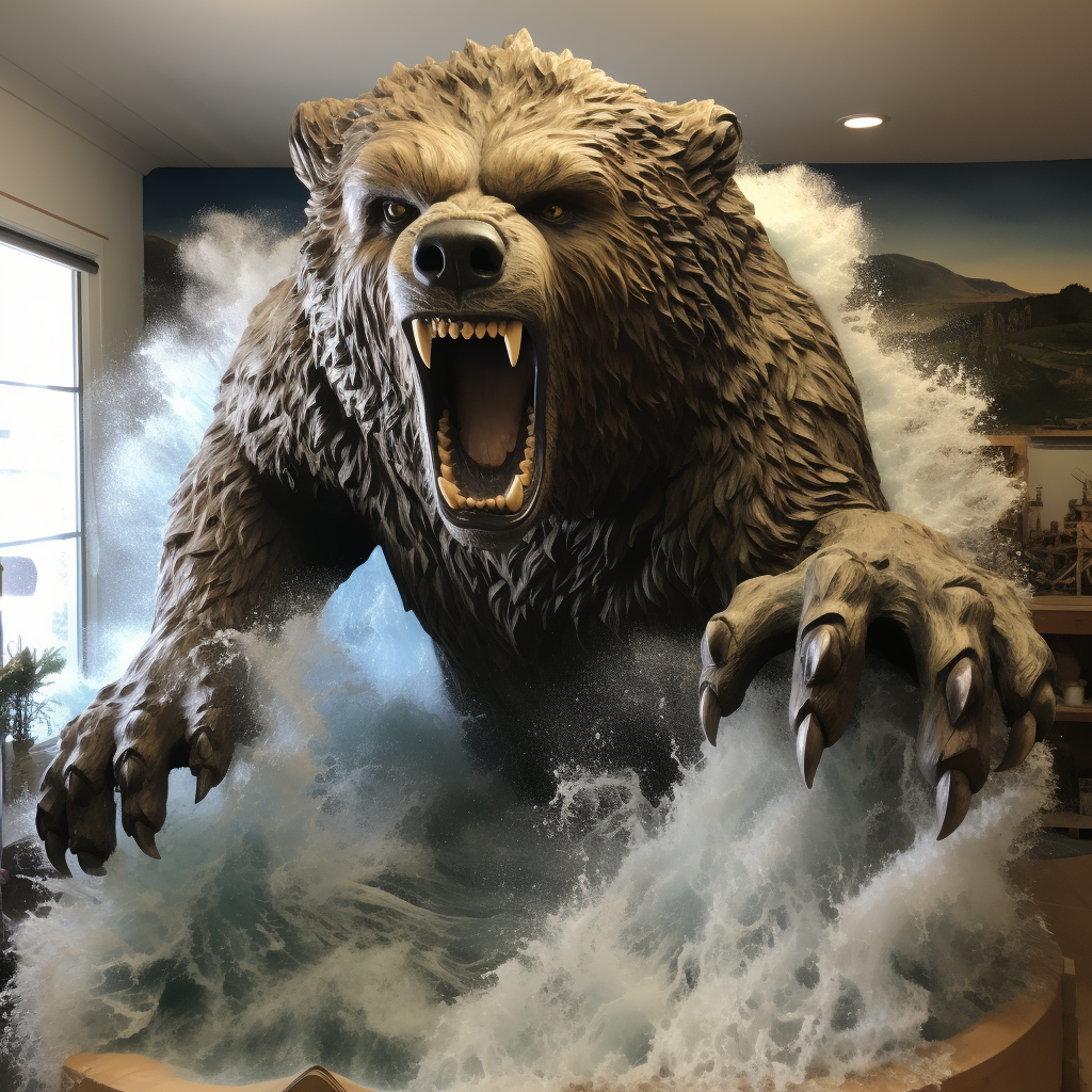 Surrealistic wave sculpture of an attacking grizzly bear