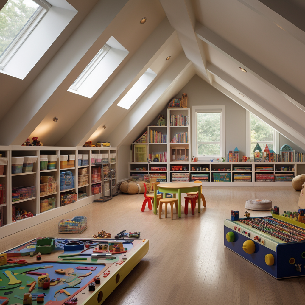 Attic playroom with storage and Legos