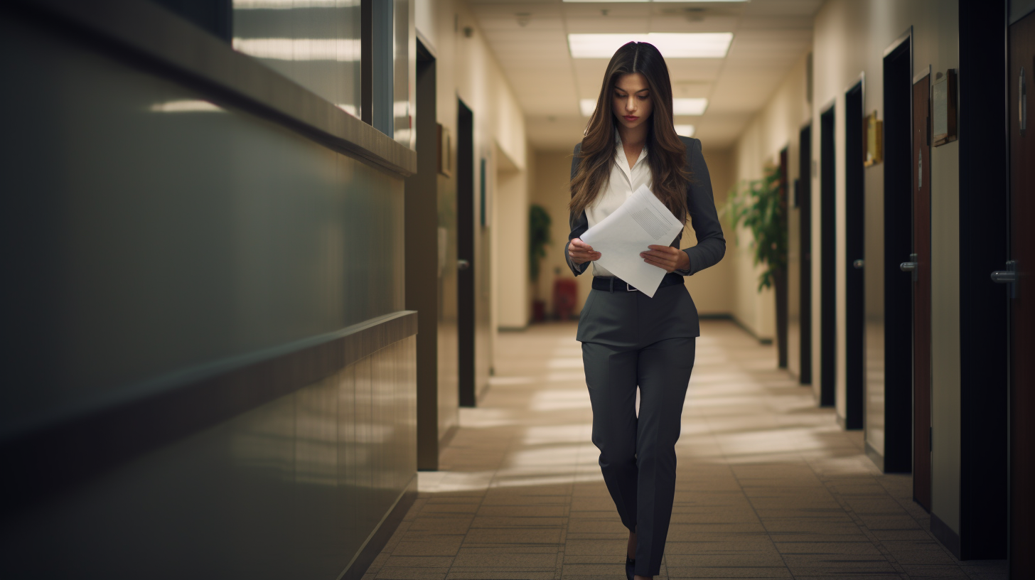 Young brunette attorney reviewing documents in office hallway