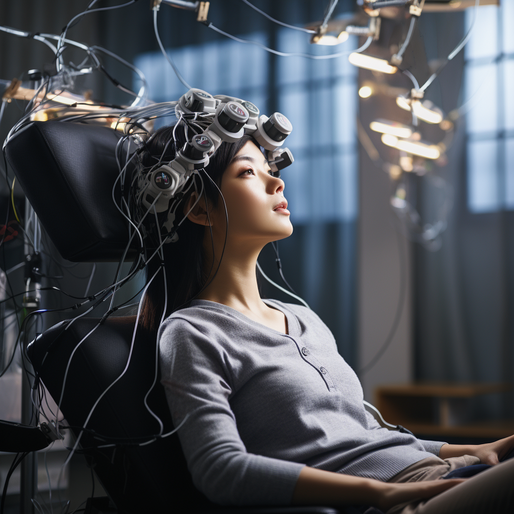 Asian female using brainwaves device (6 words)