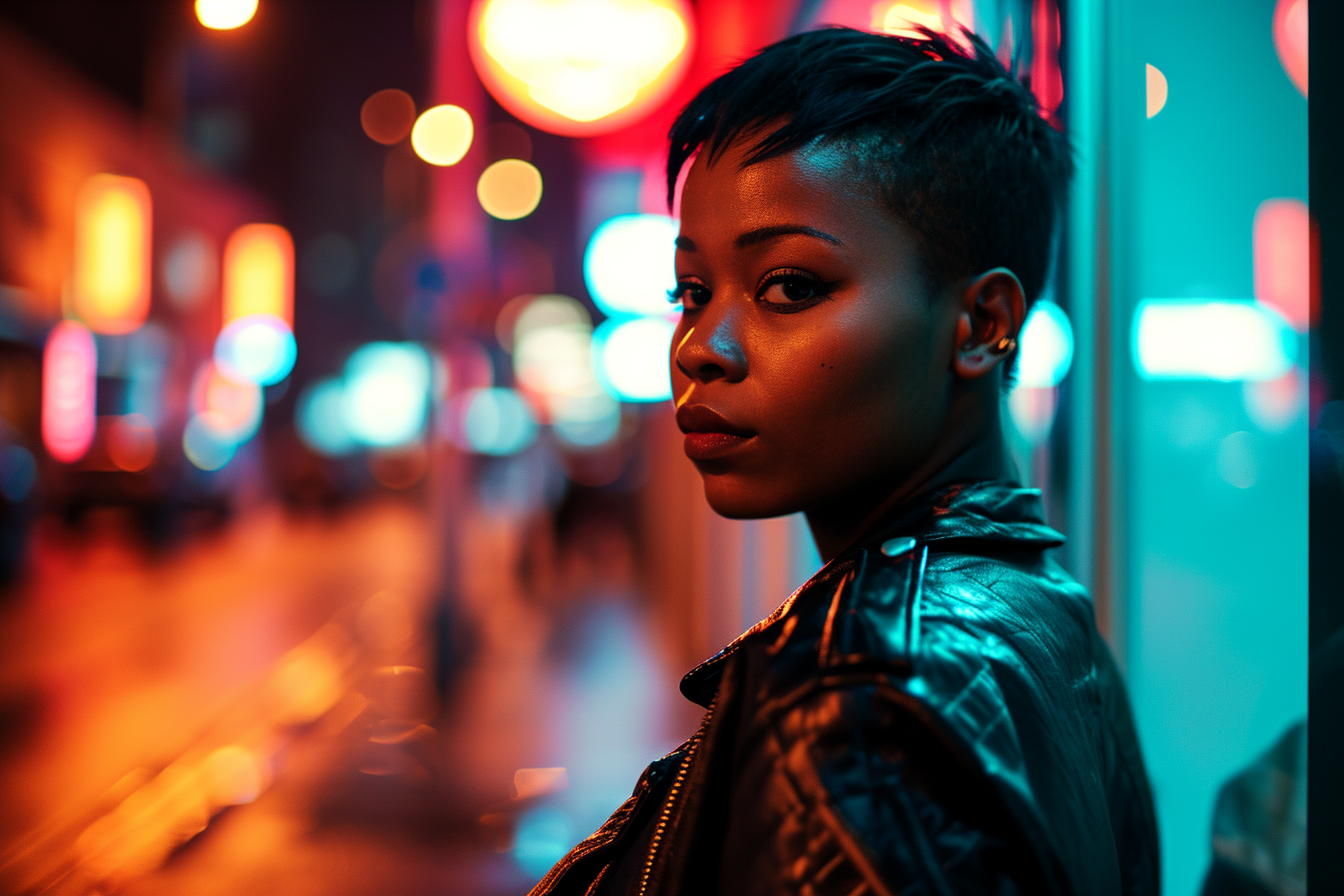 Attractive black woman in futuristic leather jacket