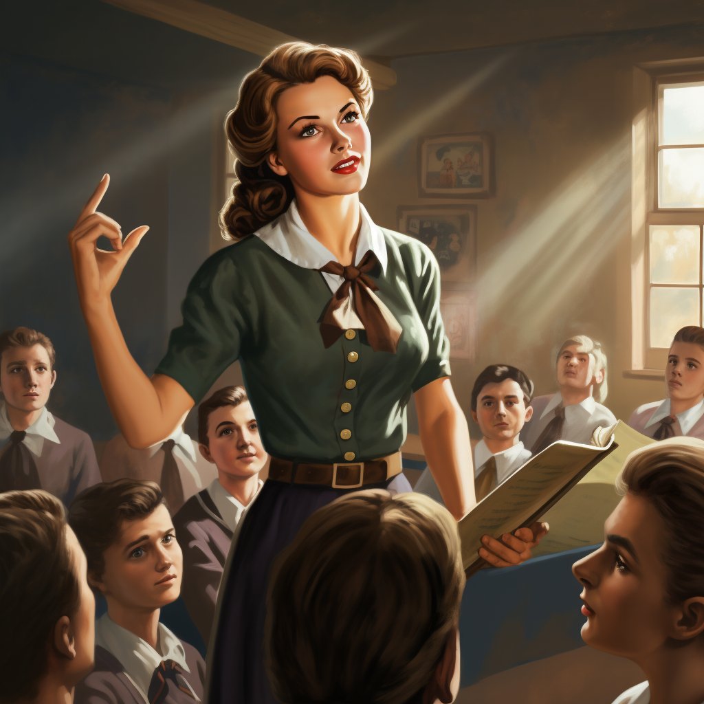 Female teacher teaching 1950s boarding school kids