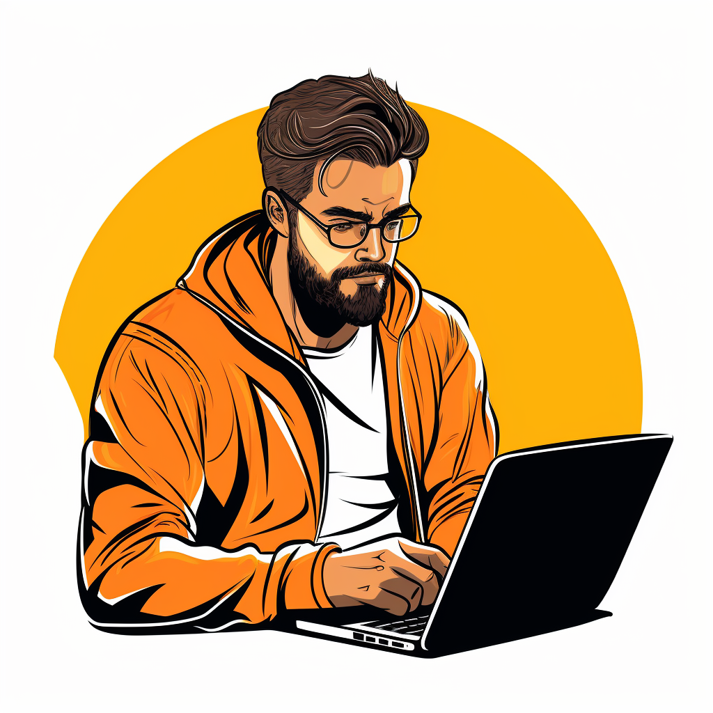 Attractive male reading laptop in a minimalist style