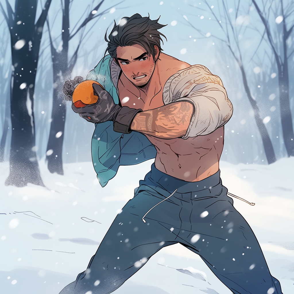 Image of an attractive man engaging in a snowball fight