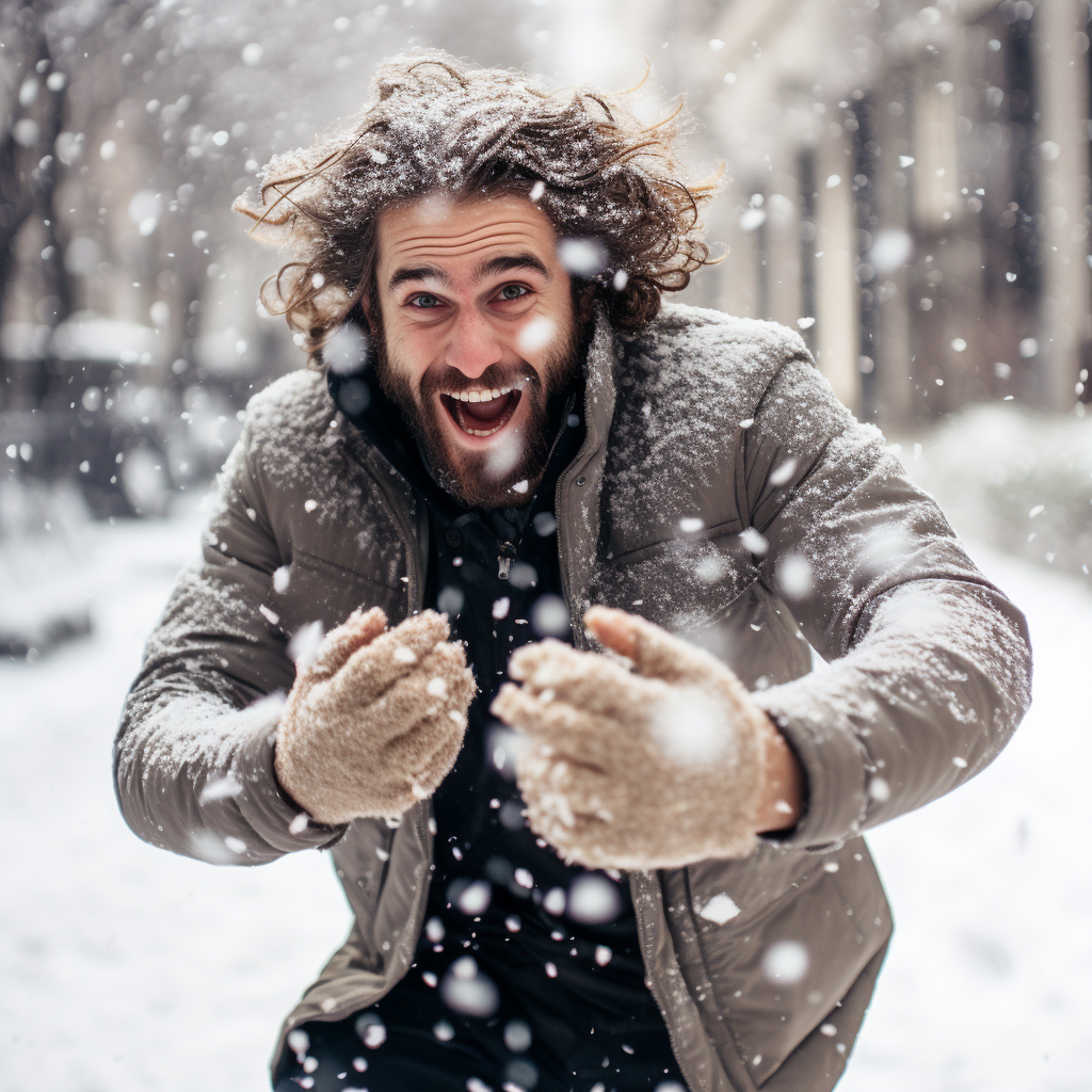 Happy man enjoying snowball fight