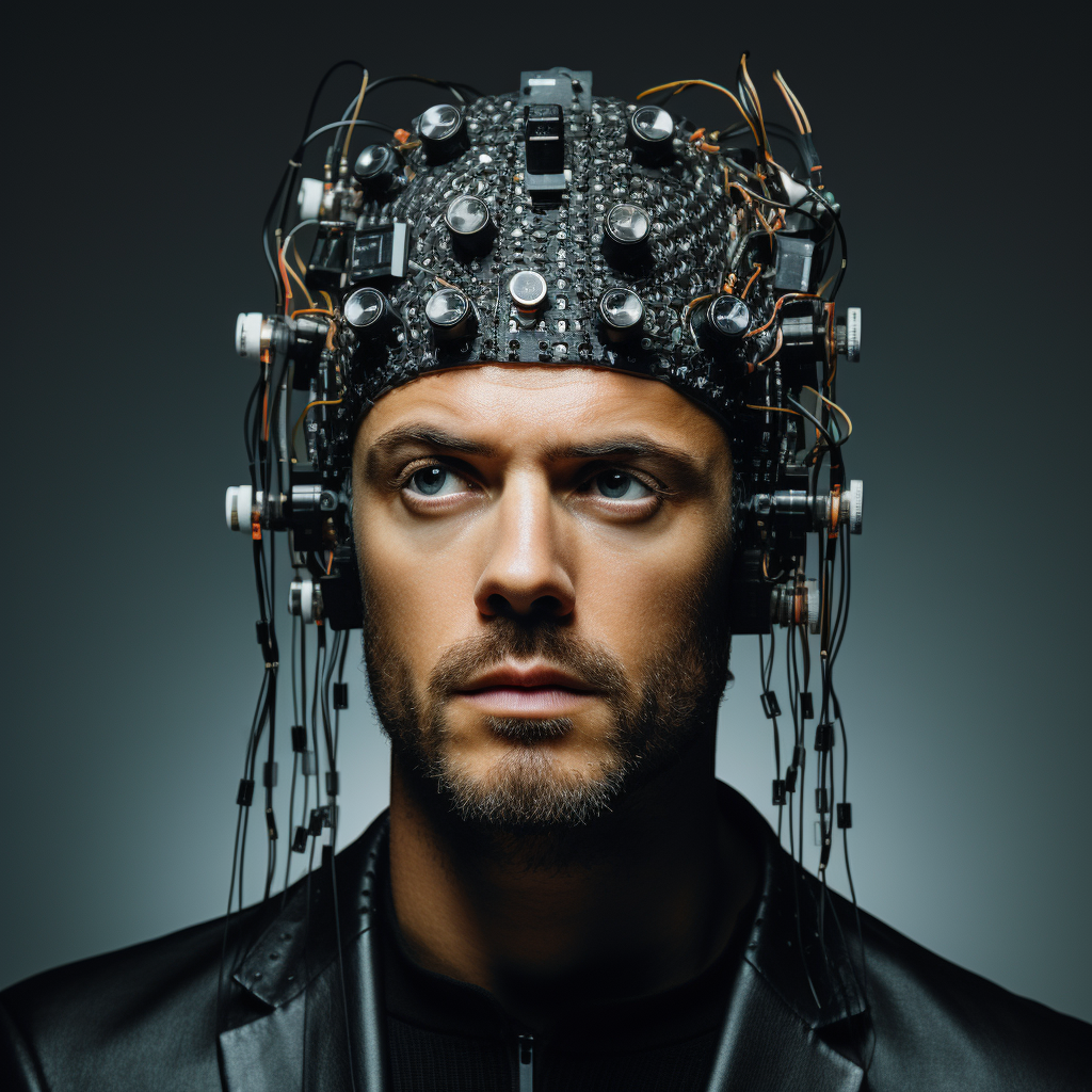 Attractive man with electronic chip on his head