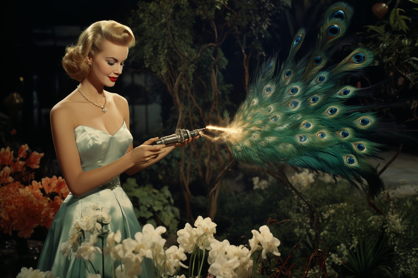 Blonde woman sprays peacock with garden hose in 1950s magazine