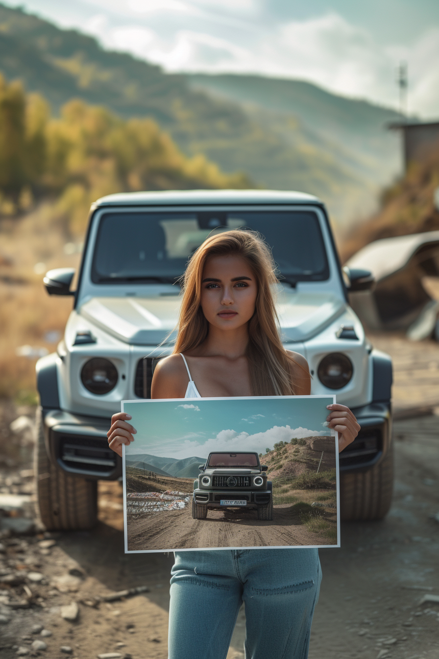 Woman Holding Big Picture of Car