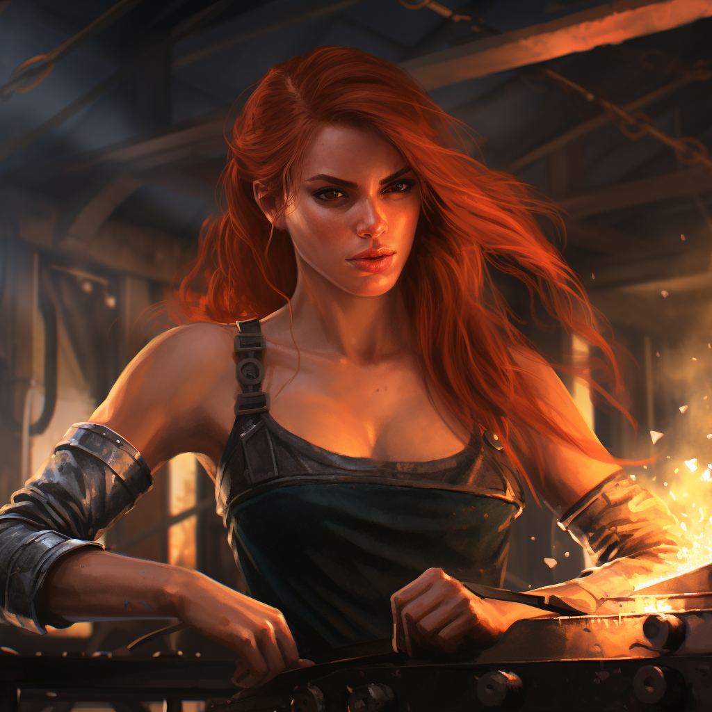 Attractive woman with fiery red hair in forge