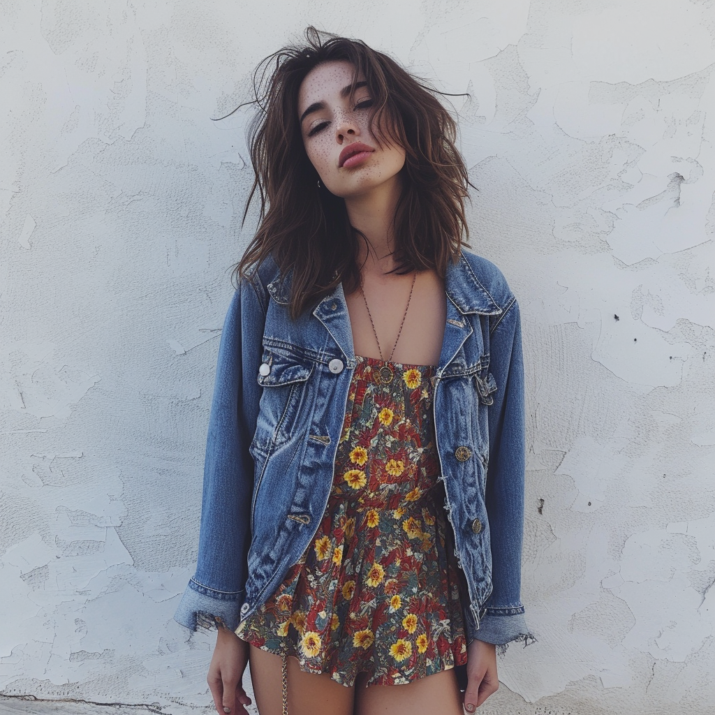 Attractive young woman in floral mini dress and jean jacket