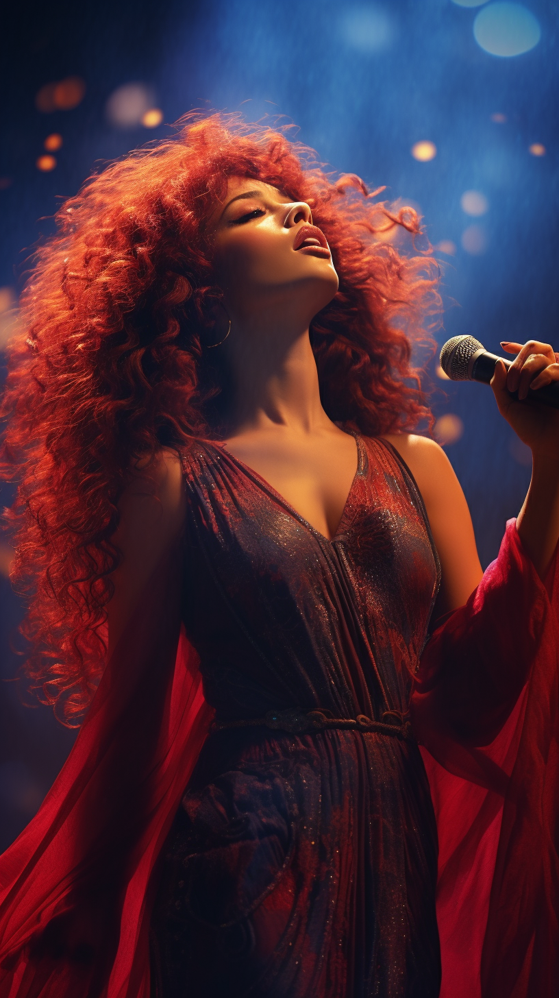 Woman with long curly hair singing on stage