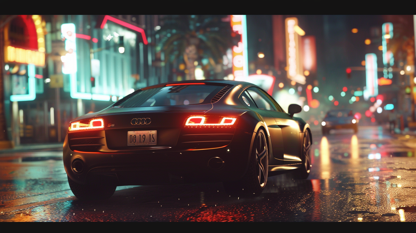 Audi R8 racing at sunset