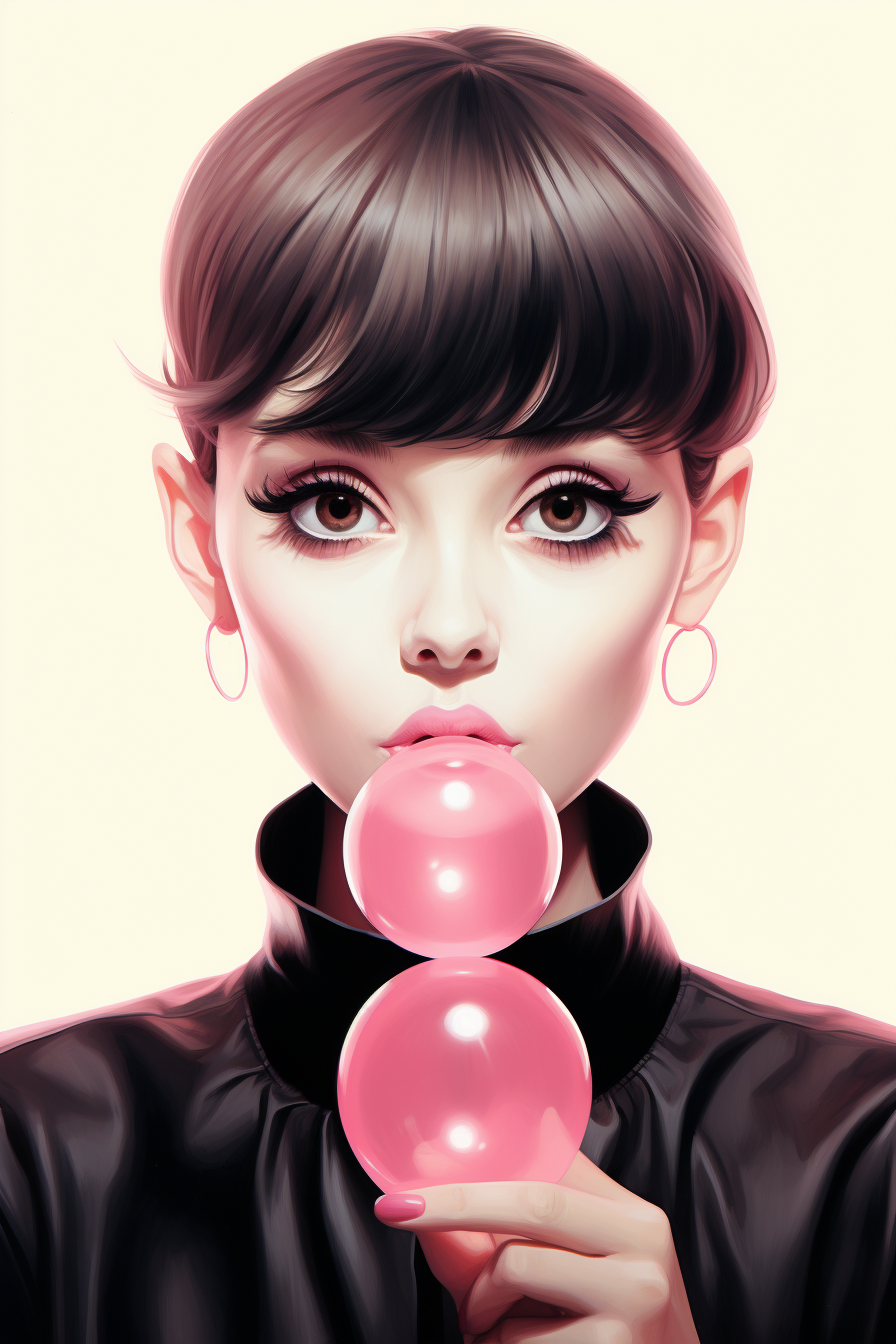 Audrey Hepburn blowing pink bubble gum