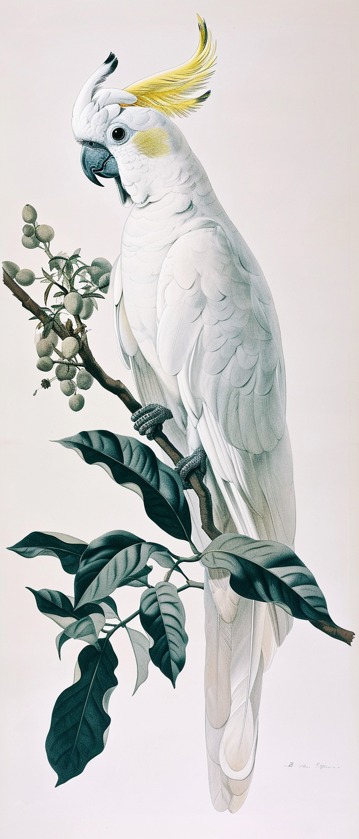 Cacatua Standing on Branch Botanical Illustration