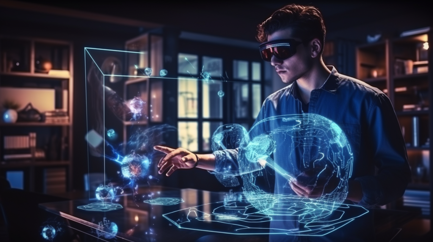 Young man using augmented reality hologram technology