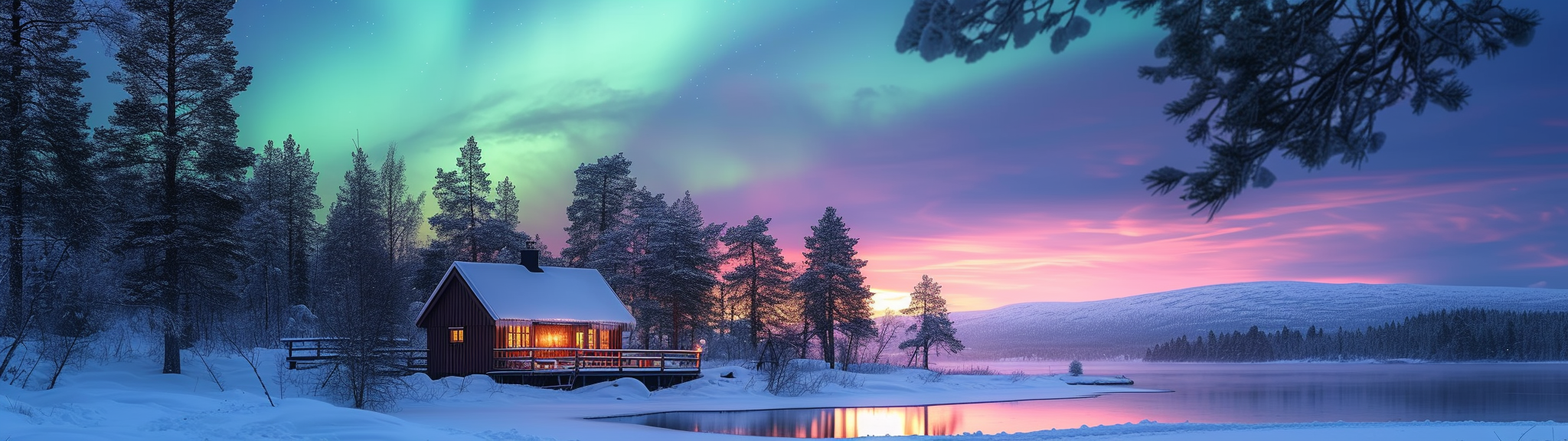 Northern Lights dancing over snow-covered Scandinavian landscape