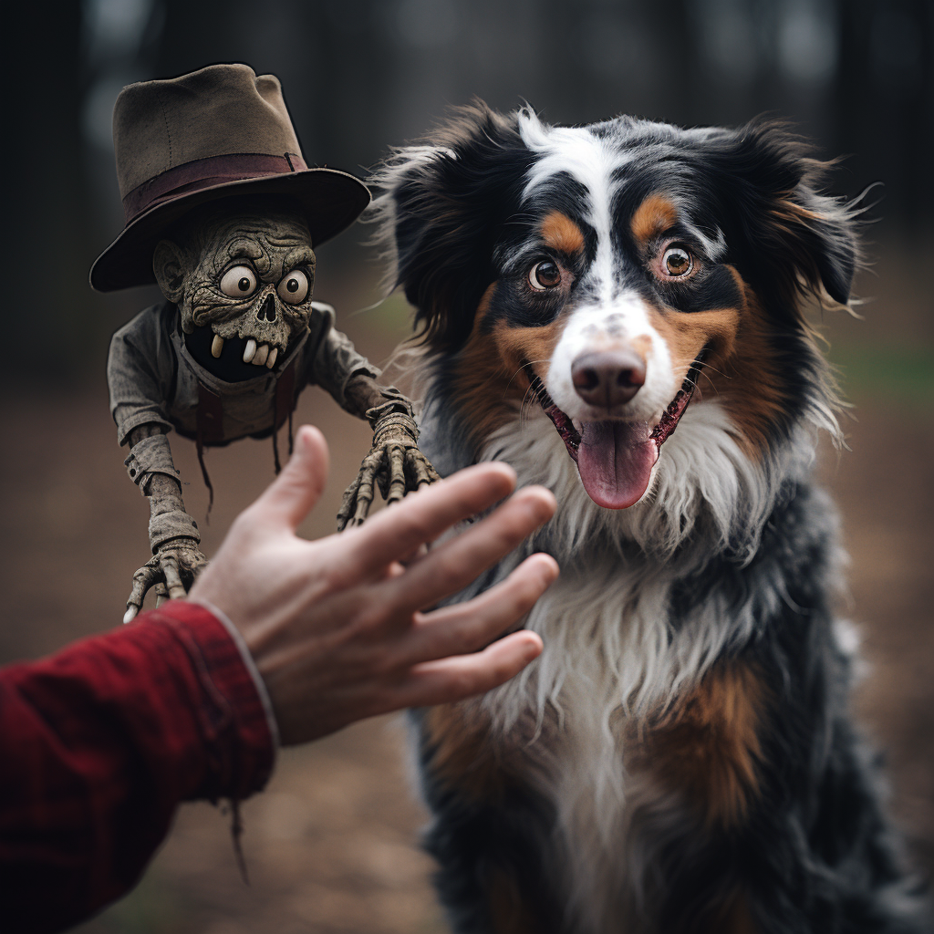 Adorable Aussie Shepherd playing fetch with Freddy Krueger