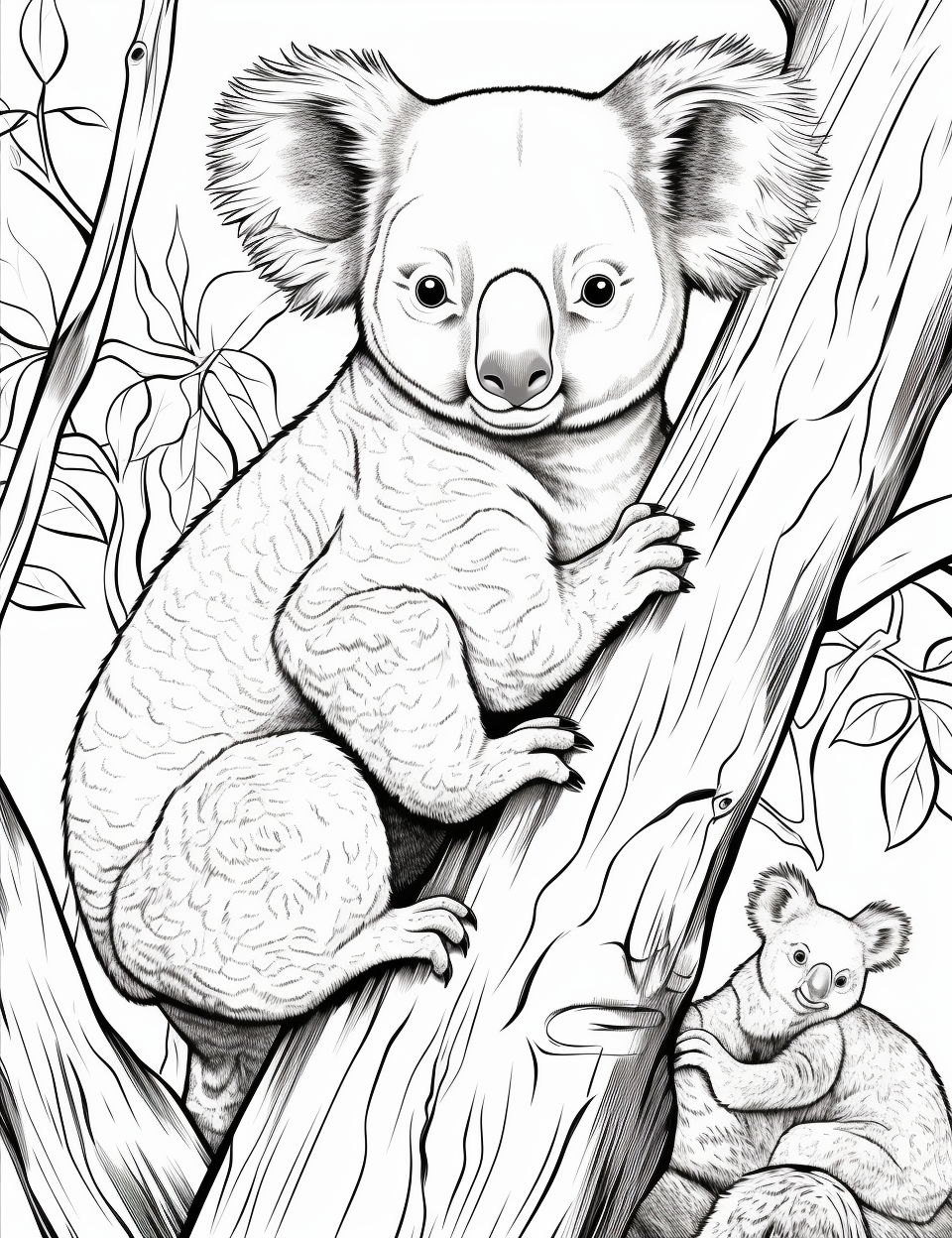 Adult koala with baby in eucalyptus tree