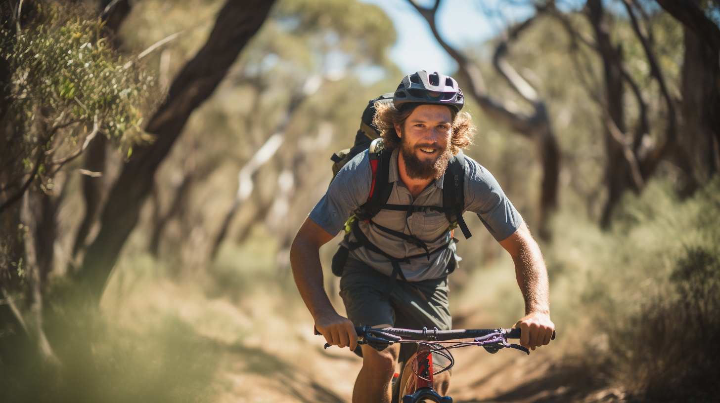 Athlete carrying bike in Australian bush