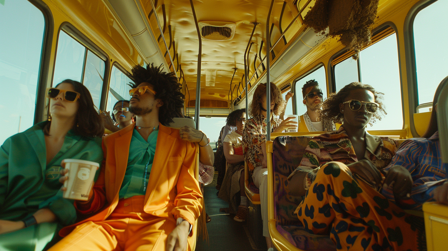 Diverse people holding dirt in bus