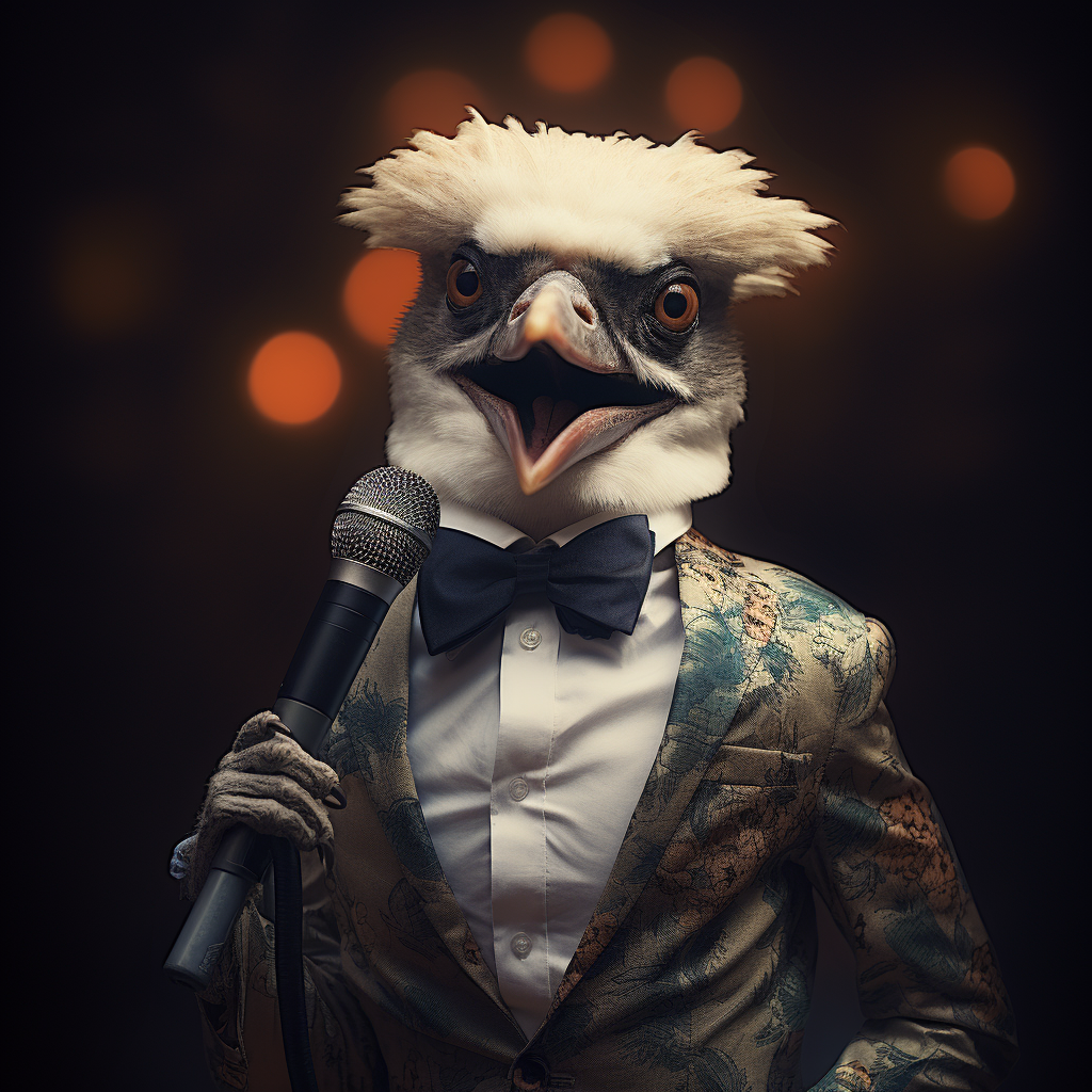 Australian Kookaburra singing on stage wearing glasses and gown